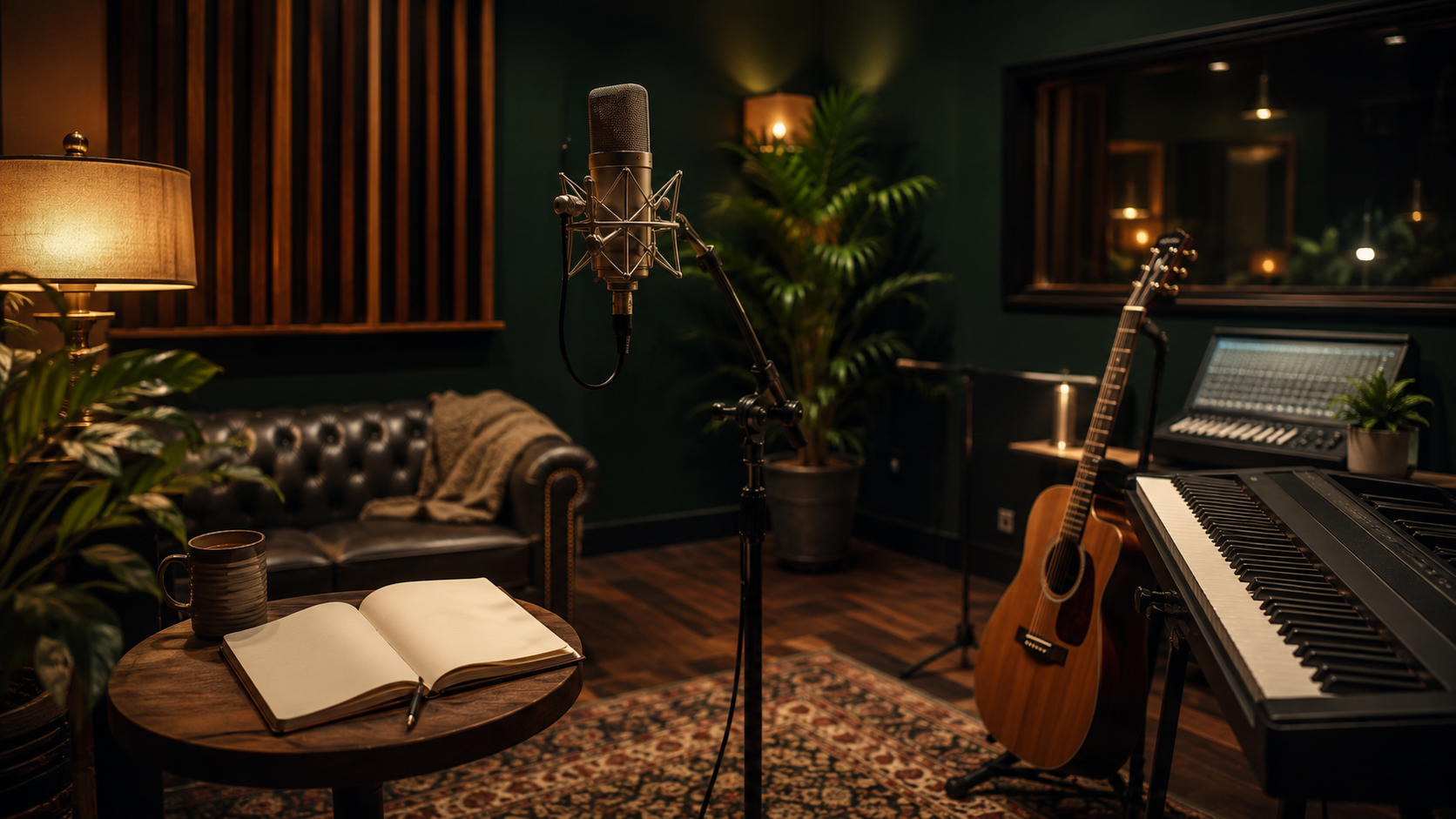 An unoccupied recording studio with a microphone, keyboard, guitar and lyric notebook